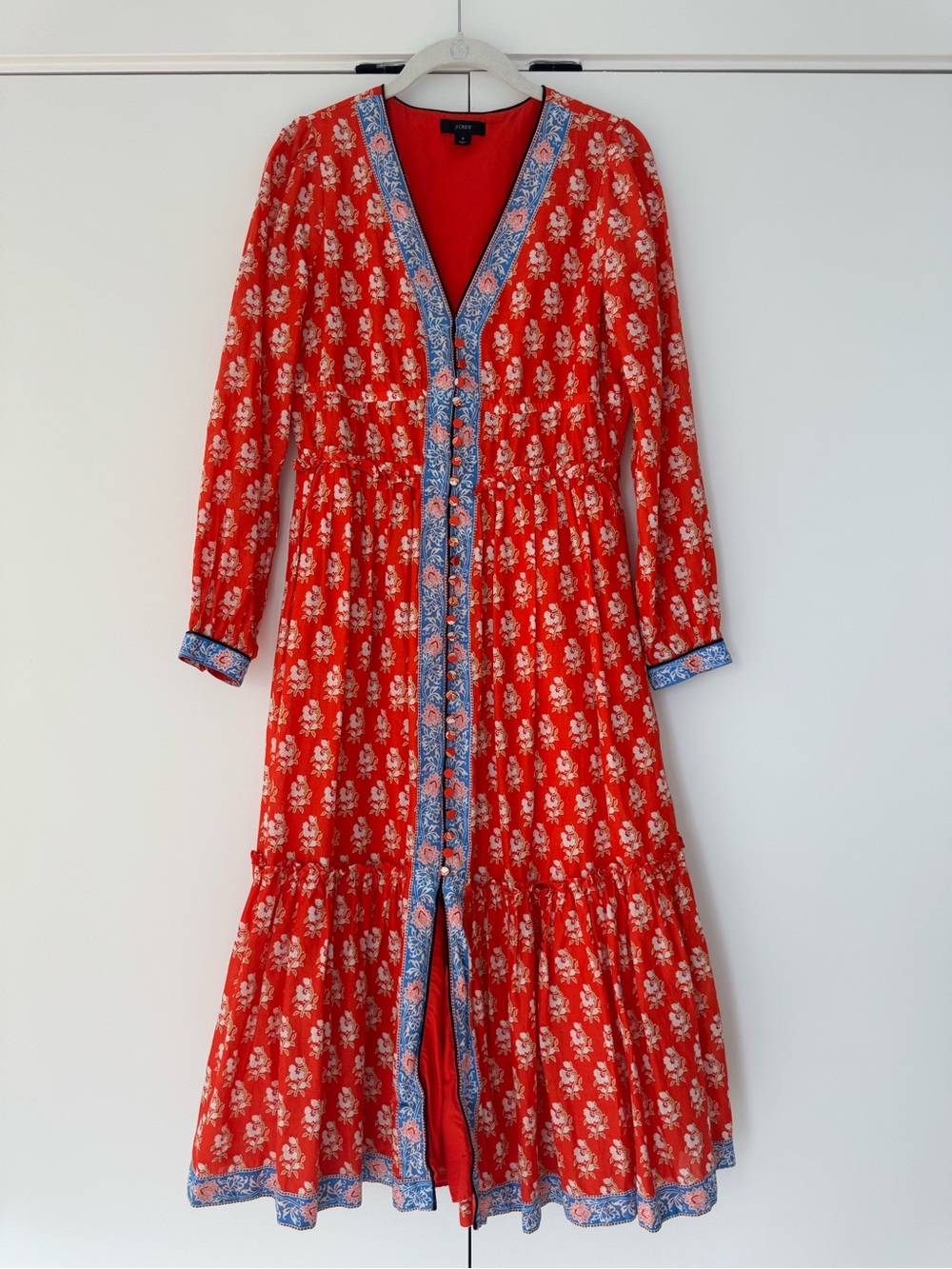 J. Crew Red Dress with Blue Floral Trim